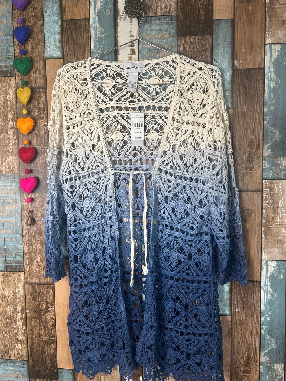 Moda Crochet Openwork Dip-Dye Cardigan in Cream and Navy